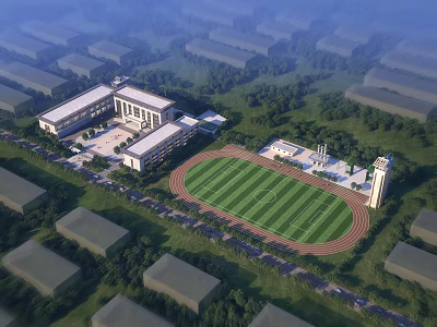 Aerial Campus Planning with Classroom Buildings Sports Field and Green Spaces 3d model