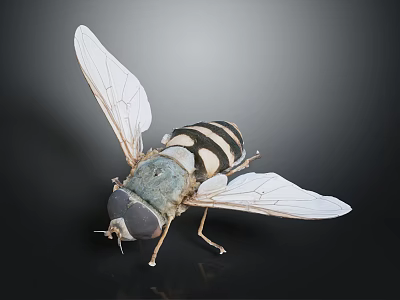 Black and white striped fly with transparent wings perched on black background 3d model