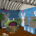 Children's Clothing Store Interior With Bunny Wallpaper Mushroom Decor And Display Shelves
