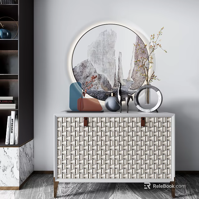 Elegant Entryway Console Table With Woven Design Decorative Vase Sculpture And Round Mirror 3d model 