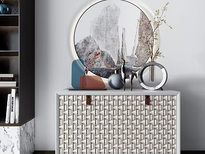 Elegant Entryway Console Table With Woven Design Decorative Vase Sculpture And Round Mirror 3d model