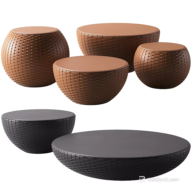Stylish Woven Round Coffee Tables in Brown and Black Hues 3d model 