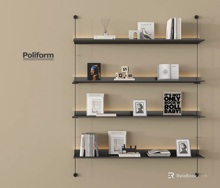 Modern Black Bookshelf With Poliform Design Featuring Books Frames And Decorative Items 3d model