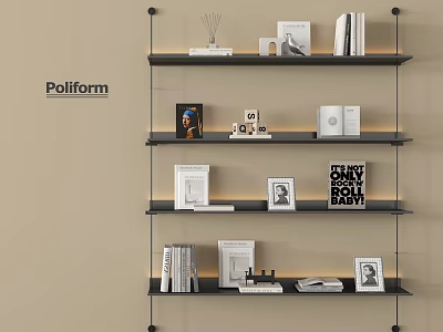 Modern Black Bookshelf With Poliform Design Featuring Books Frames And Decorative Items 3d model