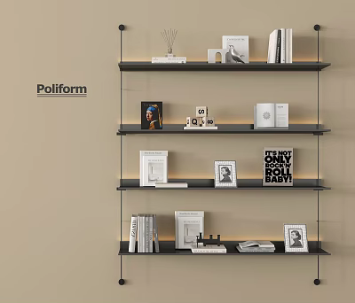 Modern Black Bookshelf With Poliform Design Featuring Books Frames And Decorative Items 3d model