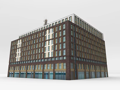 Modern Multi Storey Brick Building Exterior With Numerous Windows Blue Base And Antenna Top 3d model