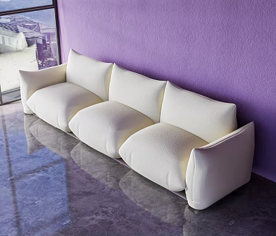 Modern White Three Seater Sofa In Interior With Purple Wall And Marble Floor 3d model