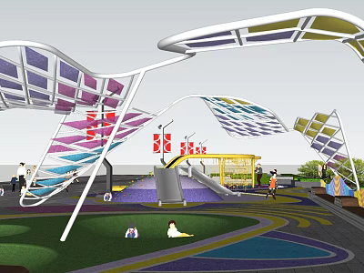 Vibrant Modern Park Landscape With Geometric Canopy Structures Children's Slides And Colorful Paved Areas 3d model