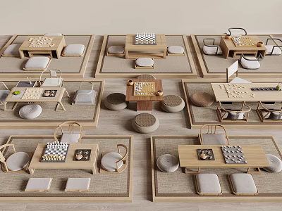 Traditional Board Game Entertainment Space With Wooden Tables Cushions And Multiple Game Boards 3d model