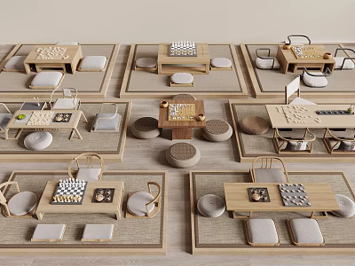 Traditional Board Game Entertainment Space With Wooden Tables Cushions And Multiple Game Boards 3d model