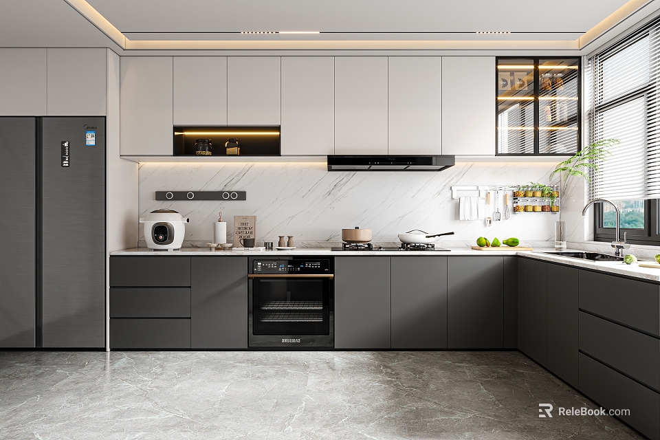 Modern Kitchen Interior With Gray Cabinets Stainless Steel Appliances And Marble Countertop 3d model 