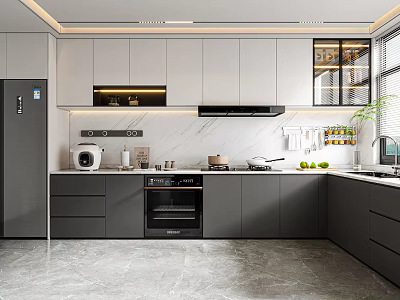 Modern Kitchen Interior With Gray Cabinets Stainless Steel Appliances And Marble Countertop 3d model