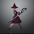 Woman In Purple Wizard Costume With Pointed Hat Holding Magic Wand And Blue Gem