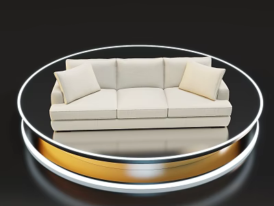 Beige Multi Seater Sofa with Two Cushions on Circular Black and Gold Illuminated Platform 3d model