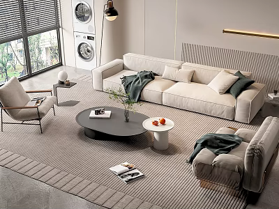 Modern Living Room Sofa Coffee Table Set With Beige Upholstery Black Round Table and Decorative Cushions 3d model