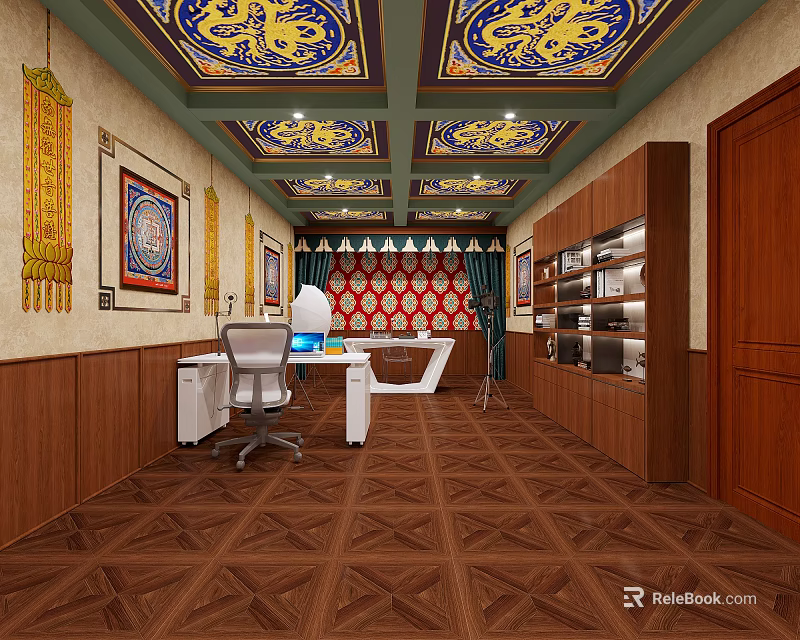 Traditional Chinese Office Interior With Ornate Painted Ceiling Wooden Walls Red Backdrop And Geometric Floor 3d model 