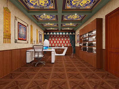 Traditional Chinese Office Interior With Ornate Painted Ceiling Wooden Walls Red Backdrop And Geometric Floor 3d model