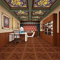 Traditional Chinese Office Interior With Ornate Painted Ceiling Wooden Walls Red Backdrop And Geometric Floor