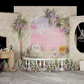 Beautiful Wedding Decor Setup With Floral Arch Pink Backdrop Mirror And Bench 3d model