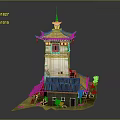 Cartoon Scene Featuring Chinese Pagoda with Golden Roof White Walls Small Buildings and Plants