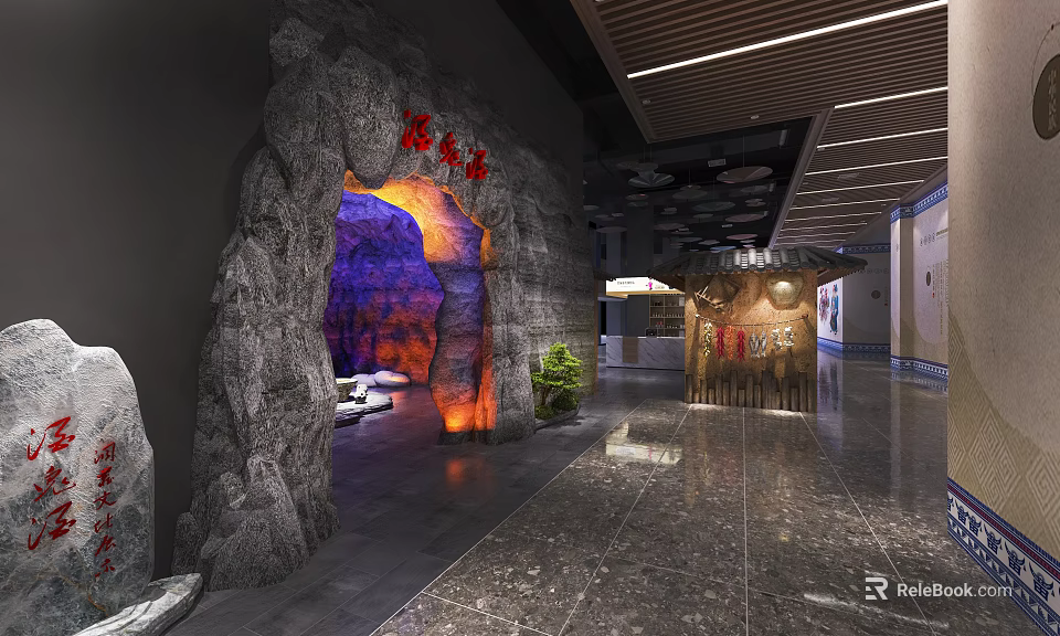 Cave Aged Wine Specialty Store With Rock Archway Illuminated Interior And Wooden Counter Design 3d model 