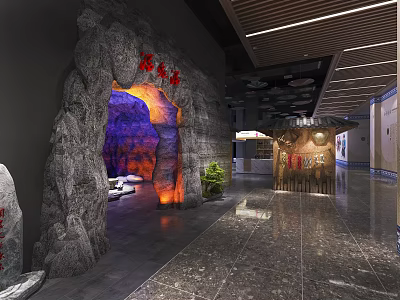 Cave Aged Wine Specialty Store With Rock Archway Illuminated Interior And Wooden Counter Design 3d model