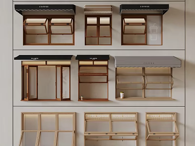 Various Retail Shop Display Designs Featuring Wooden Frames Glass Doors And Awnings 3d model