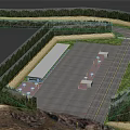 Vehicles Parked In Service Area Parking Lot With Road Surrounded By Green Trees