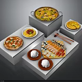 Assorted Foods Including Pizza Sushi And Paella On White Cube Display Stands With Chopsticks