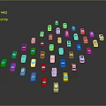 Various Colorful Small Cars Arranged in Curved Formation on Gray Background