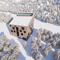 Visitor Center Tilted Modern Building With Snow Covered Trees And Cloudy Sky