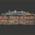 Vintage Red Brick Architectural Model Building With Gray Roof Chimneys And Small Green Plants