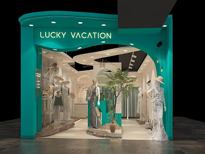 Lucky Vacation Turquoise Clothing Store with Mannequins Plant Decor and Vacation Style Outfits 3d model