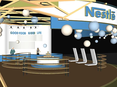 Nestle Exhibition Booth Design With Good Food Good Life Slogan And Hanging Spheres 3d model