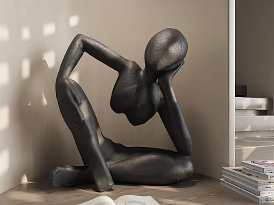 Black Abstract Human Figure Sculpture in Sitting Posture with Open Book and Stacked Books Indoor 3d model