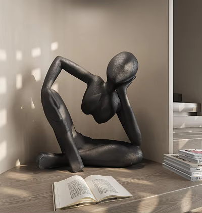 Black Abstract Human Figure Sculpture in Sitting Posture with Open Book and Stacked Books Indoor 3d model