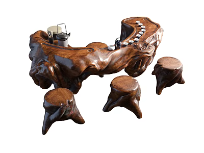 Handcrafted Root Carving Tea Table With Natural Wood Texture And Matching Stools 3d model