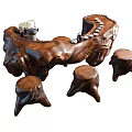 Handcrafted Root Carving Tea Table With Natural Wood Texture And Matching Stools