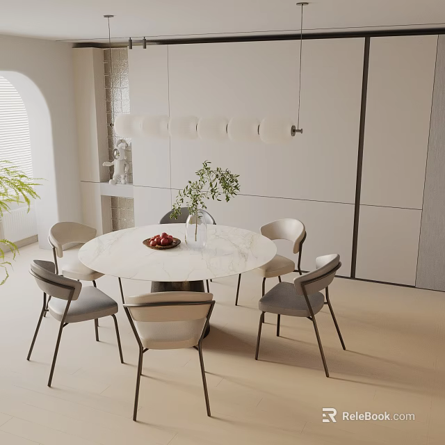 Modern Round Marble Dining Table Set With Gray Chairs And Green Plants 3d model