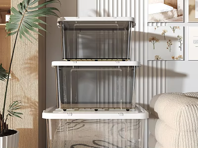 Transparent Stackable Storage Cabinets In Living Room With Palm Plant And Beige Sofa 3d model