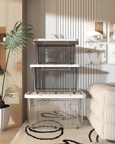 Transparent Stackable Storage Cabinets In Living Room With Palm Plant And Beige Sofa 3d model