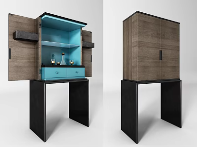 Wooden Storage Cabinet with Black Stand Open Door Revealing Blue Drawer and Interior Shelves 3d model