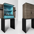 Wooden Storage Cabinet with Black Stand Open Door Revealing Blue Drawer and Interior Shelves