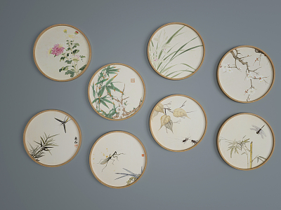 New Chinese Style Round Frame Painting Hanging Picture Combination 3d model