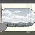 Elegant Curtains Framing Oval Window With Clouds Mountains View And Round Decor