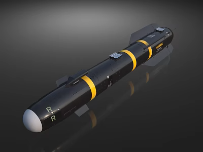 Black Streamlined Missile With Yellow Stripes R Model Markings And Tail Fins 3d model