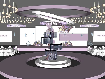 Elegant Wedding Banquet Hall With Floral Decorations Chandeliers And Round Stage 3d model