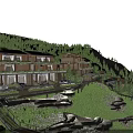 Modern Wooden Detached Villa on Hillside with Green Trees Mountains Lawn and Stone Landscaping