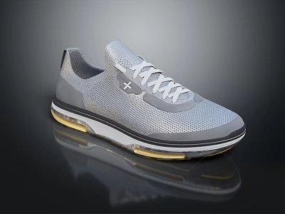 Gray Mesh Sporty Shoes With White Laces White And Gold Sole And Air Cushion 3d model