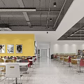 Bright Cafeteria Interior With Yellow Wall Tables Chairs And Ceiling Lights 3d model